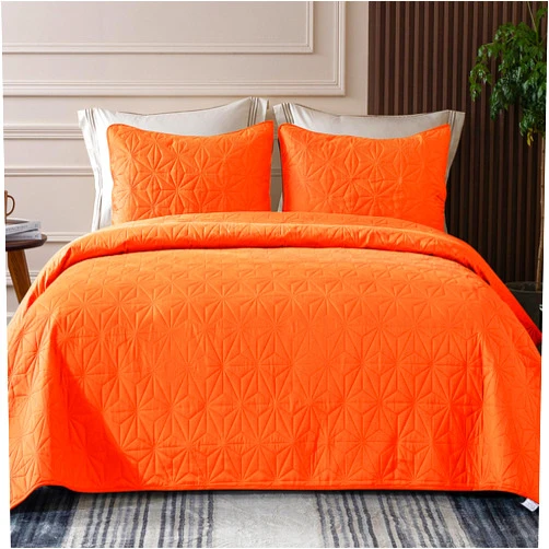 Whale Flotilla Twin Size Quilt Bedding Set, Soft Orange Twin XL Quilts Bedspreads for All Seasons, Lightweight Geometric Star Pattern Coverlets - 2 Pieces(1 Quilt, 1 Pillow Sham)