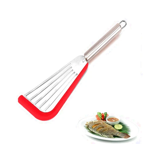 Wangzzniu Professional Kitchen Fish Spatula Fish Spatula with Handle Flexible Stainless Steel Spatula with Silicone Soft Edge for Flipping Frying and Grilling（Red）