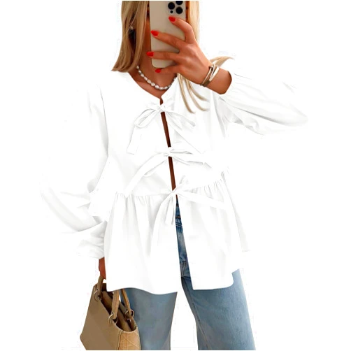 PRETTYGARDEN Women's Babydoll Peplum Blouse Shirt Puff Long Sleeve Bow Tie Front Trendy Cute Y2K Going Out Tops