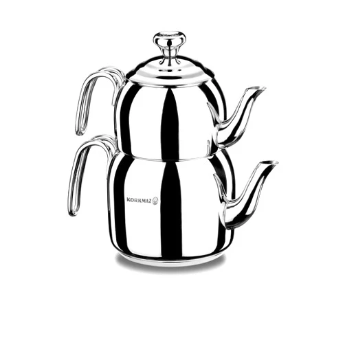 Korkmaz A057 Droppa Turkish Teapot Set for Stovetop, 18/10 Stainless Steel Double Tea Maker with Heat Resistant Handles, Samovar Style Tea Kettle with37.2 Oz (1100ml) & 77.8 Oz (2300ml)