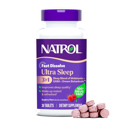 Natrol Ultra Sleep 3-in-1 100% Drug-Free Sleep Aid Blend with Melatonin, GABA & Botanicals, Dietary Supplement, Non-Habit Forming, 30 Fast Dissolve Tablets