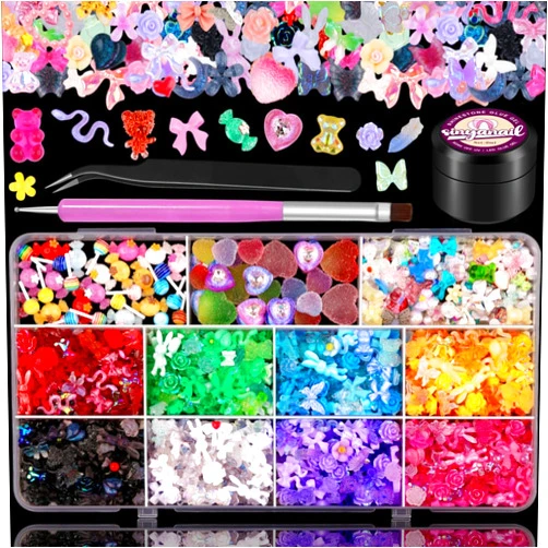 Sinyanail 3D Resin Nail Charms Mix Rabbit Flower Bear Bowknot Nail Charms Gummy Heart Lollipop Nail Rhinestones Pearls Jewelry with Nail Charm Glue and Pickup Tools(11charms with Glue)