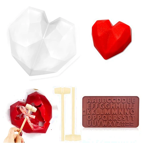 SIROGOGO Heart Shaped Chocolate Mold, Diamond Heart Mousse Cake Mold Trays Silicone Chocolate Dessert Baking Pan with 2 Pieces Wooden Hammers