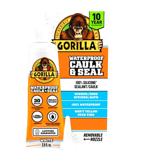Gorilla 100% Silicone Caulk, Waterproof Sealant, 2.8oz Squeeze Tube (Pack of 1) – White -10 Year Mold Resistant Kitchen, Window, Bath, Marine, Door and More