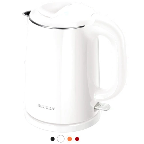 Secura Stainless Steel Double Wall Electric Kettle Water Heater for Tea Coffee w/Auto Shut-Off and Boil-Dry Protection, 1.0L (White) SWK-1001DW/HB-K012