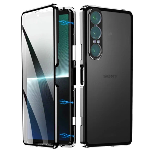 QUIETIP Case Compatible with Sony Xperia 1 VII 5G,Magnetic Body Metal Frame Double Sided Clear Tempered Glass Cover,Black