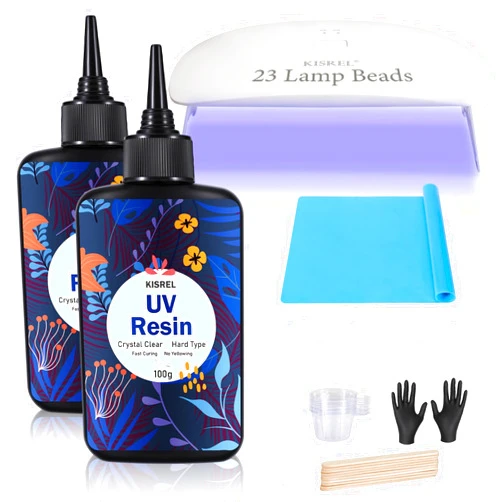 KISREL UV Resin Kit with Light Larger Size - 200g Upgraded Hard Type Crystal Clear UV Resin Kit, 23 Lamp Beads UV Light, UV Resin with Light for Craft Jewelry Making