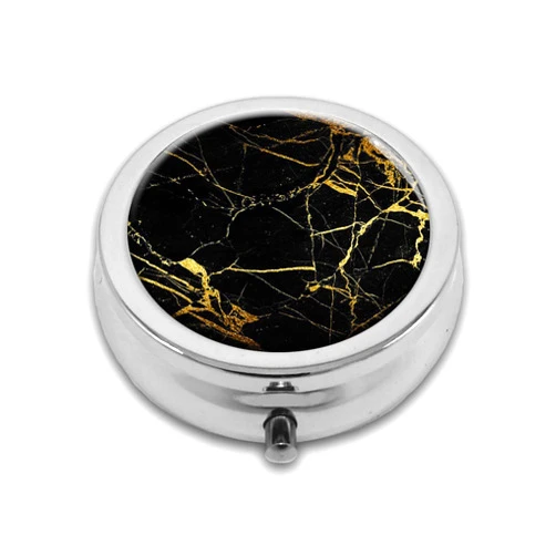 LuxSweet Gold Texture On Black Marble Background Pill Box Purse Pocket Small Round Silver Pill Case Decorative Box Metal Medicine Vitamin Pill Organizer Portable Unique Gift