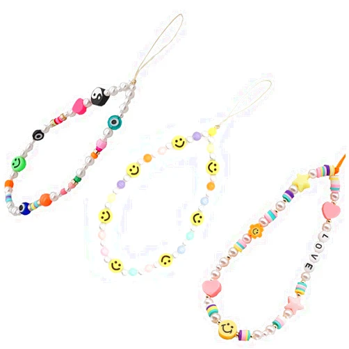 VCCKNB JEWELRY Bead Phone Chain Phone Straps Y2k Style Colorful Beaded Phone Charm Smiley Face Evil Eye Yingyang Love Heart Star Beaded Kawaii Phone Lanyard Wrist Strap (A-3PCS Colorful Phone Chains)