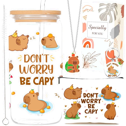 Shejdgart Capybara Gifts for Women Girls - Cute Capybara Stuff with 16oz Glass Cup Makeup Bag Keychain Pendant Necklace, Capybaras Lovers Gift, Christmas Birthday Mothers Day Gift for Animal Lover