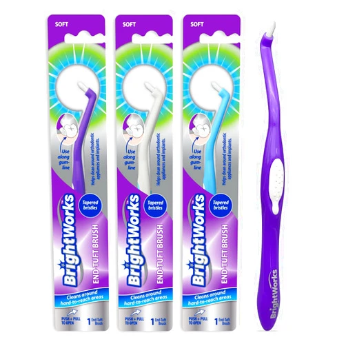BrightWorks Manual End Tuft Brush, Cleans Difficult Areas Such as Around Crowns, Bridges, implants and Wider Gaps Between Teeth (Pack of 3)