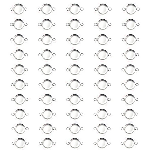 Shapenty 50PCS Stainless Steel Round Bezel Blank Links Pendant Tray Connectors with Double Loops for Earrings Bracelet Necklace Keychain DIY Craft Resin Glass Cabochon Jewelry Making Project (12mm)