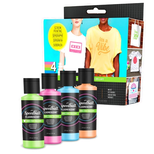 Speedball Fabric Screen Printing Ink Set, 2oz Fluorescent Colors: Hot Pink, Lime Green, Orange & Blue