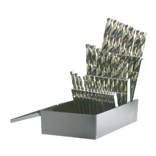 Drillco 400N Series Nitro 29 Piece High-Speed Steel Heavy-Duty Jobber Drill Bit Set, Black and Gold Oxide Finish, Round Shank, Spiral Flute, 135 Degrees Split Point, 1/16