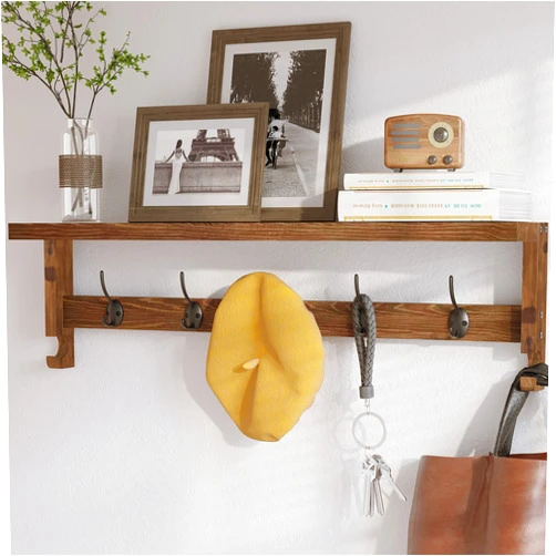AMBIRD Coat Rack Wall Mount with Shelf, 28.9 Inches Coat Hooks Wall Mounted with 5 Hooks, Wall Hat Hooks for Hanging in Entryway, Living Room, Bathroom, Bedroom (Brown)