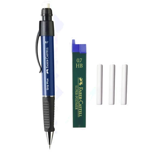 Faber-Castell Grip Plus Mechanical Pencil - 0.7mm - Blue Barrel + Super-Polymer 0.7mm HB Leads + Eraser Refills