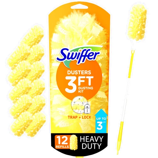 Swiffer Duster Heavy Duty Dusting Kit, Cleaning Supplies, 3 ft Extended Handle, 1 Duster, 12 Refills