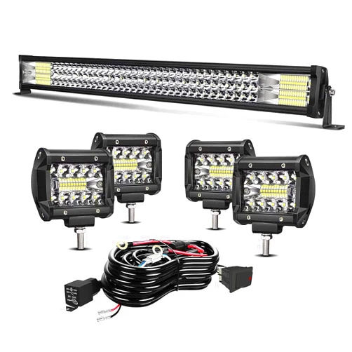 TURBO SII - LED Light Bar 32 Inch 441W Triple Row Flood Spot Combo Beam Offroad Driving Light 4Pcs 4 Inch 60W LED Cubes Lights with 3-Leads Wiring Harness for Trucks ATV UTV Polaris SUV Boats