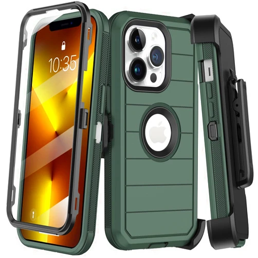 KECAI for iPhone 13 Pro Max Case with Belt Clip Holster & Kickstand,Built-in Screen Protector,Heavy Duty Shockproof Drop Protection Military Grade Full Body Rugged Phone Cover (6.7 Inch) (Dark Green)