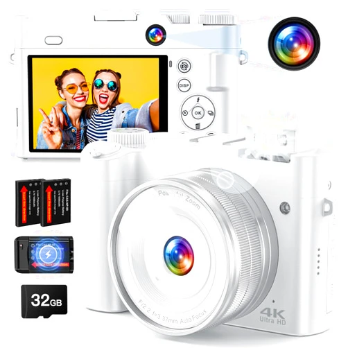Zostuic 4K Digital Camera, 64MP Front and Rear Camera for Photography and Video Autofocus Anti-Shake, 3'' Selfie Vlogging Camera with Ultra Bright Flash, Camera with Dial 16X Zoom (White)