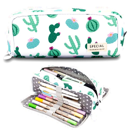 MAMUNU Big Capacity Pencil Pen Case, 3 Compartments Large Storage Canvas Pencil Pouch with Zipper, Green Cactus Design Aesthetic Pencil Pouch For Office School