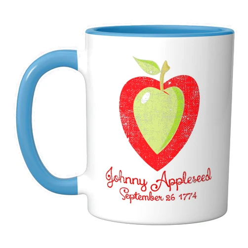 Mamaknow's Johnny Appleseed Johnny Appleseed Apple Tree Farmer Orchard September 26 Ceramic Mug, Blue/White
