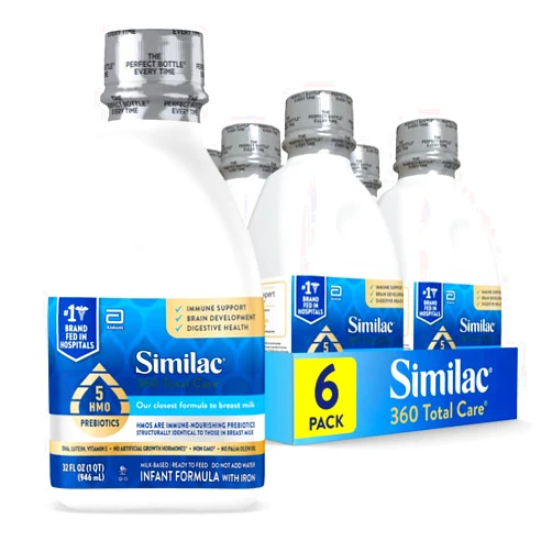 Similac 360 Total Care Infant Formula, Has 5 HMO Prebiotics, Our Closest Prebiotic Blend to Breast Milk, Non-GMO, Baby Formula, Ready to Feed, 32-fl-oz Bottle, Pack of 6
