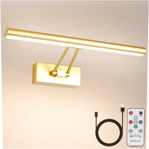 HOWMZON Picture Light, 17.5 inches Art Light, Picture Light Battery Operated,3CCT Picture Lights for Wall,Battery Operated Wall Lights,Gallery Light with Remote for Wall Display, Photo,Library Gold