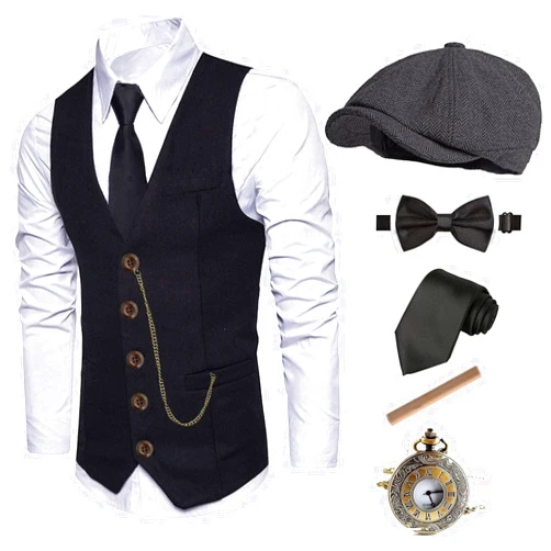 EFORLED 1920s Mens Costume Fedora Hat,Gatsby Gangster Vest,Vintage Pocket Watch,Pre Tied Bow Tie,Tie