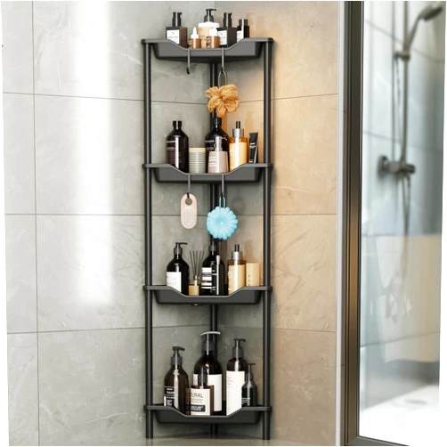 Vetacsion Corner Shower Caddy, 4 Tier Standing Rustproof Shower Organizer, Plastic Metal Splicing Floor Shower Shelves for Bathroom Storage, Black