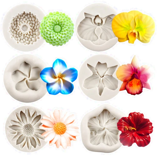 MYPRACS Chrysanthemum Flower Silicone Mold Daisy Flower Fondant Molds Orchid Plumeria Flower Candy Mold Hibiscus Flower Chocolate Mold For Cake Decorating Cupcake Gum Paste Polymer Clay Set Of 6