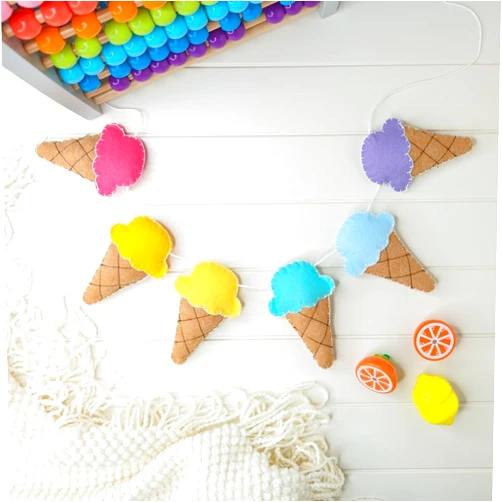 Kikiddo Ice Cream Felt Garland - Pastel Rainbow Decor for Nursery - Versatile & Adjustable String - 47.3'' - 120cm