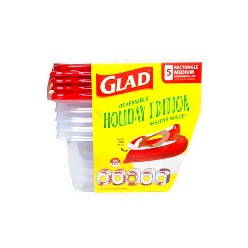 GladWare Holiday Food Storage Containers with Reversible Gift Tags, 5 Count Medium Rectangular Containers & Lids, 24oz | Microwave-Safe, Freezer-Safe, Dishwasher-Safe