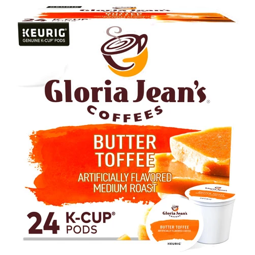 Gloria Jean's Coffees Butter Toffee, Single-Serve Keurig K-Cup Pods, Flavored Medium Roast Coffee, 24 Count (Pack of 1)