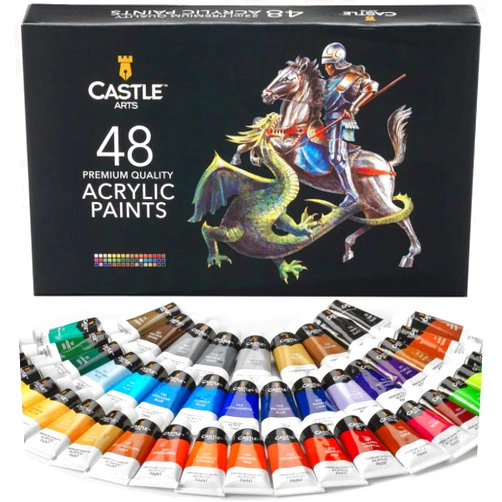 Castle Art Supplies 48 x 22ml Acrylic Paint Set | All-inclusive Set for Beginners, Adult Artists | Quality Intense Colors | Smooth to Use on Range of Surfaces | In Impressive Presentation Box