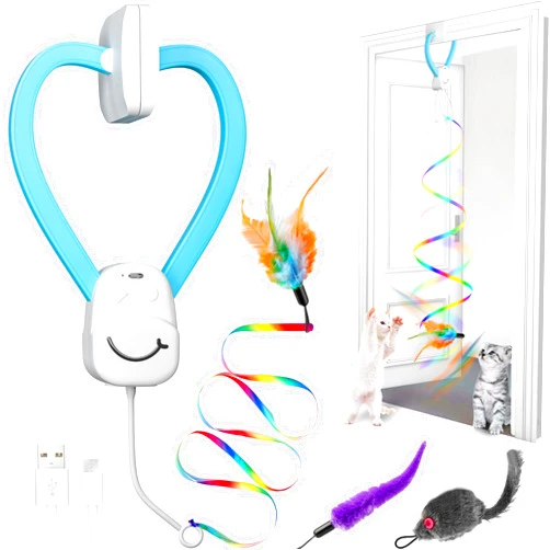 PANRIO Smart Automatic Door Hanging Cat Toy for Indoor Cats - Electric Interactive Feather Wand, Mouse & Worm Set, 360° Rotating, Type-C Rechargeable, Quiet Self Play Enrichment for Bored Kittens