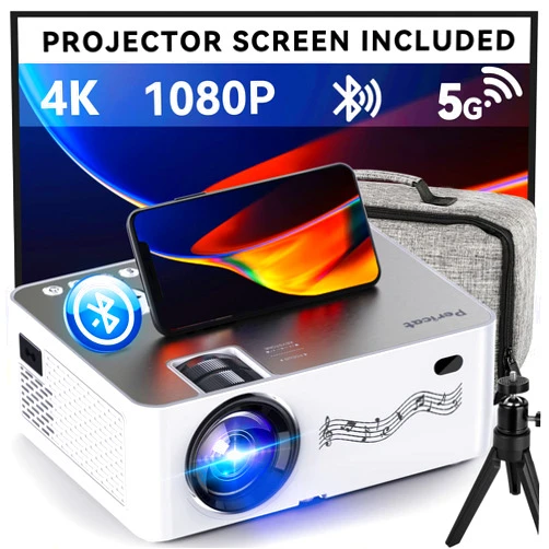 Pericat Projector with WiFi and Bluetooth, 5G WiFi Native 1080P/16000L Video Projector with Screen, 4K Support Outdoor Projector, 350'' Display Phone Projector with Carry Bag &Tripod for iPhone, TV Stick, Mac