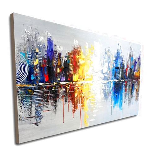 Winpeak Art Large Hand Painted Abstract Reflection Cityscape Canvas Wall Art Modern Oil Painting Contemporary Decor Artwork (60 x 30 inch)