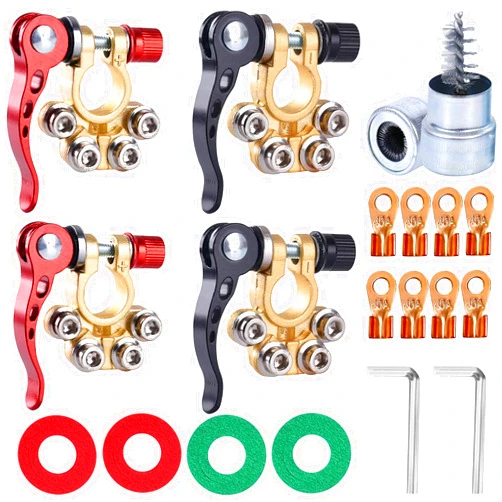 SUNMORN Battery Terminal Connectors 4 Pieces, Battery Terminal Cleaner, Copper Wire Lugs, Fiber Washers, Hex Wrench, Battery Terminals, Quick Disconnect Quick Release, for SAE/JIS Type A Posts