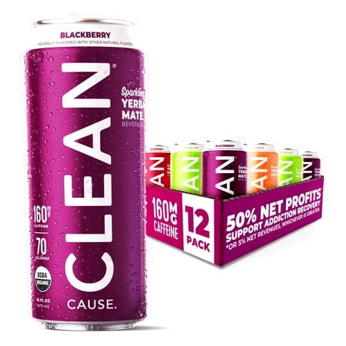 CLEAN CAUSE. CLEAN Cause Low Calorie Variety Pack Sparkling Yerba Mate Tea, 160mg Caffeine, Organic, Low Sugar, Healthy Alternative to Energy Drinks (16oz cans, 12-Pack Case)