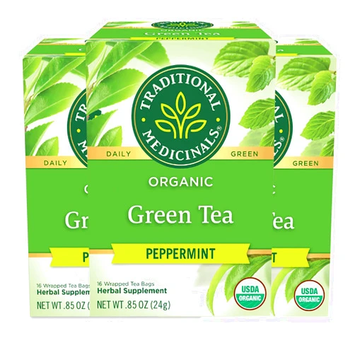 Traditional Medicinals Organic Green Tea Peppermint Herbal Tea, Alleviates Digestive Discomfort, (Pack of 3) - 48 Tea Bags Total