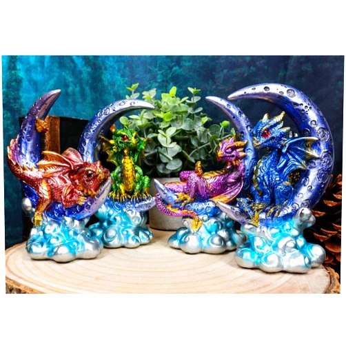 Ebros Gift Ebros Celestial Crescent Moon On Clouds Resting Guardian Dragon Figurines Set of 4 in Metallic Colors Dungeons and Dragons Collectible Statue Decor