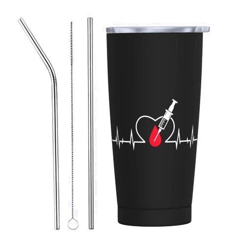 BYOBLU Heartbeat Phlebotomist Phlebotomy Syringe Blood Full Car Cup Coffee Stainless Steel Straw Travel Mug Vacuum Insulated Keep Cold 20oz