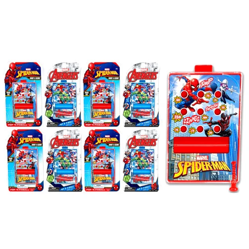 JA-RU Marvel Pinball Game Toy (8 Packs Assorted) Avengers or Spiderman Portable Pocket Travel Board Game Mini Handheld Game Fidget Toys Arcade for Kids and Adults. AB-6807-8