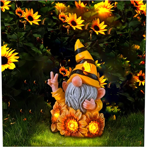 Joint Honglin Garden Sculptures & Statues Resin Summer Bee Gnome with Sunflower, Outdoor Funny Decoration Solar Light Figurine Gifts for Yard, Patio Decor for Mom