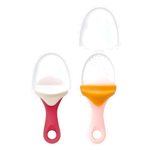 Boon Pulp Silicone Baby Fruit Feeder - Soft Silicone Baby Feeding Set - Fruit and Vegetable Baby Led Weaning Supplies - Baby Feeding Essentials - Orange/Mauve and White/Mauve- 2 Count