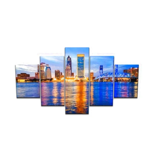 Skipvelo Jacksonville, Florida City Skyline Over The St John's River Building Wall Art Canvas Prints Pictures Paintings Artwork Home Decor Stretched and Framed - 5 Pieces