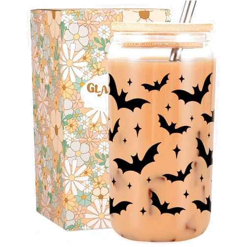 Fairy's Gift Halloween Bats Cup, Halloween Spooky Gifts, Gothic Bat Glass Cup, Cute 16 oz Iced Coffee Cup, Halloween Party, Boo Basket Stuffers, Bat Themed, Halloween Gifts for Women Men Bat Lover