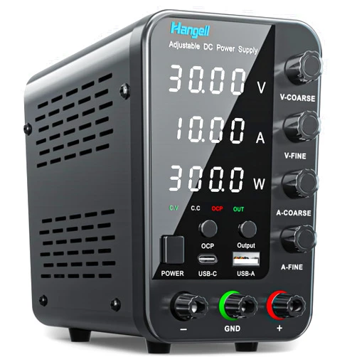 HANGELL DC Power Supply Variable, 30V 10A Bench Power Supply with Encoder Coarse & Fine Adjustments Knob, Adjustable Switching Regulated lab Power Supply with 5V 3.6A USB & Type-C Quick-Charge