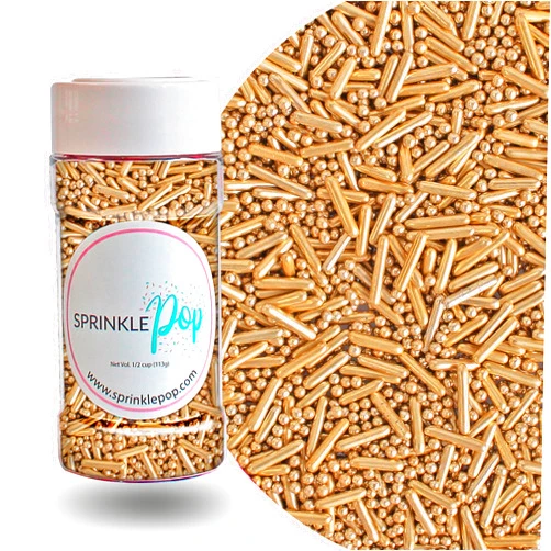 SPRINKLE POP Mixed Gold Metallic Dragees Sprinkle Mix| Made In USA By Sprinkle Pop| Mixed 4mm Round And Macaroni Gold Metallic Dragees| Sprinkles Dragees for Decorating Wedding Birthday Cakes Cookies Cupcakes, 4oz